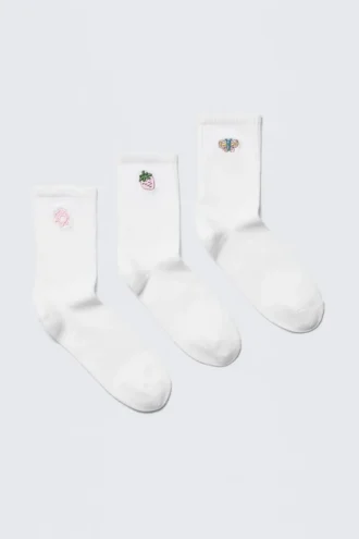 3-Pack Embroidered Crew Socks – White – Embroidered Mix