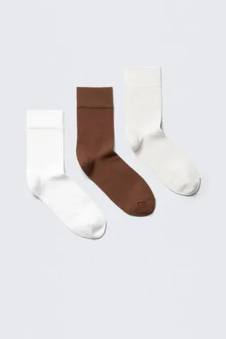 3-Pack Fine Socks – White/Brown/Beige