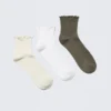3-Pack Frill Edge Ankle Socks – Light Beige/White/Khaki Green