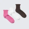 3-Pack Frill Edge Ankle Socks – Pink/White/Brown