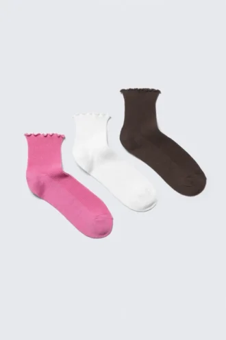 3-Pack Frill Edge Ankle Socks – Pink/White/Brown