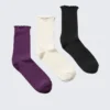 3-Pack Frill Edge Socks – Dark Purple/Off-White/Black