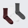 3-Pack Frill Edge Socks – Dark Red/White/Grey