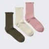 3-Pack Frill Edge Socks – Khaki/Off-White/Dusty Pink