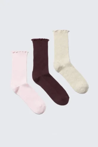 3-Pack Frill Edge Socks – Pink/Burgundy/Beige