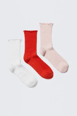 3-Pack Frilled Crew Socks – White/Red/Pink