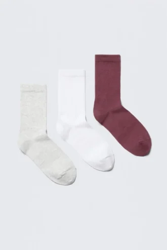 3-Pack Rib Socks – Grey/White/Dark Pink