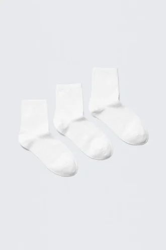 3-Pack Ribbed Ankle Socks – White