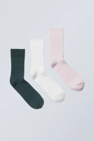 3-Pack Ribbed Crew Socks – Blue White Pink