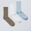 3-Pack Ribbed Crew Socks – Brown/White/Blue