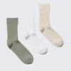 3-Pack Ribbed Crew Socks – Green/White/Beige