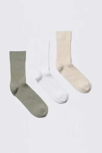 3-Pack Ribbed Crew Socks – Green/White/Beige