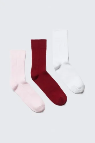3-Pack Ribbed Crew Socks – Pink/Red/White