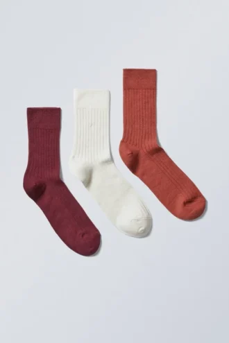 3-Pack Ribbed Crew Socks – Rust/Wine/Oat