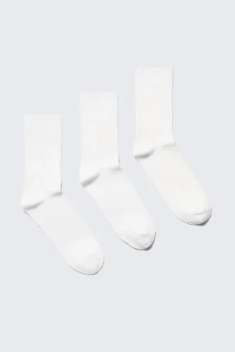 3-Pack Ribbed Crew Socks – White