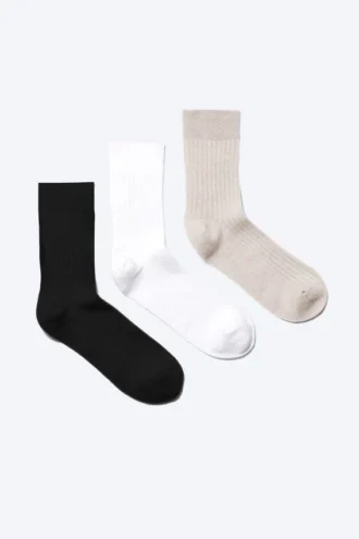 3-Pack Ribbed Crew Socks – White + Grey + Black