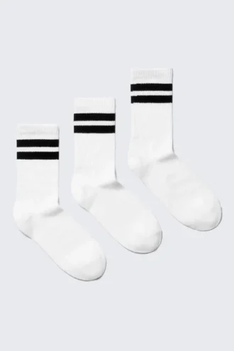 3-Pack Striped Crew Socks – White – Black Stripes