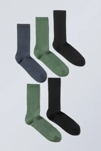5-Pack Rib Socks – Dusty Green Dusty Blue Black