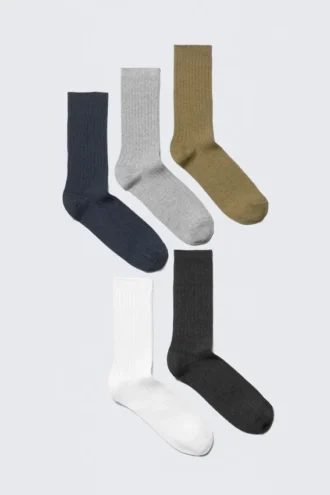 5-Pack Rib Socks – Khaki/Blue/Charcoal/Grey/White