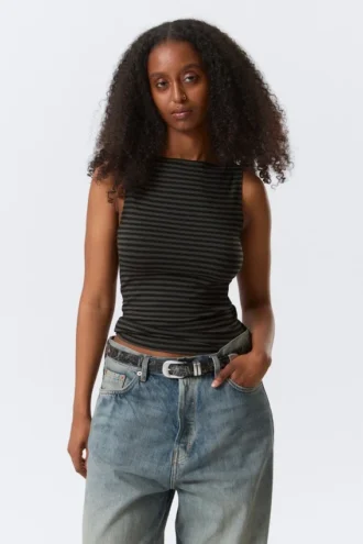 Annie Striped Sleeveless Boat-Neck Top – Black & Grey Stripes