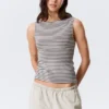 Annie Striped Sleeveless Boat-Neck Top – Grey & White Stripes