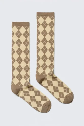 Argyle Knee-High Socks – Dusty Ecru & Mole Argyle