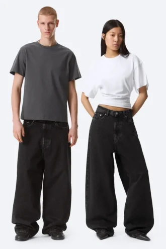 Astro Mid Rise Baggy Faux Leather Pocket Jeans – Black Rinse – Black