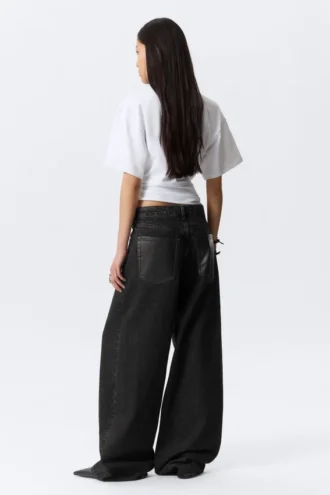 Astro Mid Rise Baggy Faux Leather Pocket Jeans – Black Rinse – Black