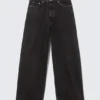 Astro Mid Rise Baggy Faux Leather Pocket Jeans – Black Rinse – Black