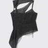 Asymmetric Cut-Out Mesh Top – Dark Grey – Dots