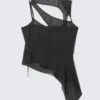 Asymmetric Cut-Out Mesh Top – Dark Grey – Dots