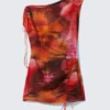 Asymmetric Draped Mini Dress – Orange/Red – Calypso Flower