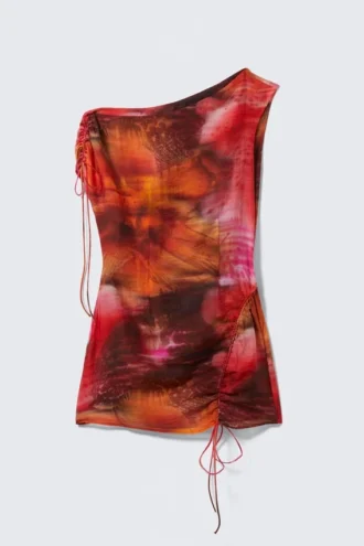 Asymmetric Draped Mini Dress – Orange/Red – Calypso Flower