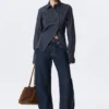 Asymmetric Fitted Poplin Shirt – Striped Dark Blue