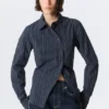 Asymmetric Fitted Poplin Shirt – Striped Dark Blue