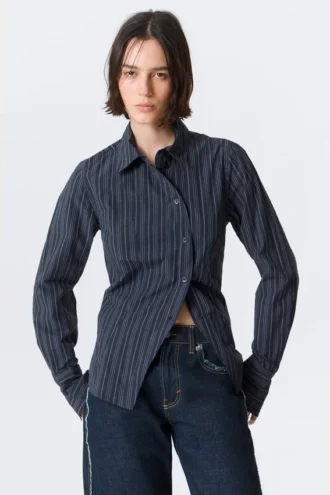 Asymmetric Fitted Poplin Shirt – Striped Dark Blue