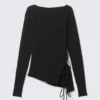 Asymmetric Long-Sleeved Cross Back Top – Black