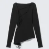 Asymmetric Long-Sleeved Cross Back Top – Black