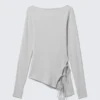 Asymmetric Long-Sleeved Cross Back Top – Light Grey
