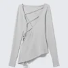 Asymmetric Long-Sleeved Cross Back Top – Light Grey