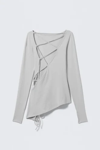 Asymmetric Long-Sleeved Cross Back Top – Light Grey