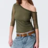 Asymmetric Off-Shoulder Three-Quarter Sleeve Top – Khaki Green