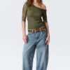 Asymmetric Off-Shoulder Three-Quarter Sleeve Top – Khaki Green