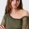 Asymmetric Off-Shoulder Three-Quarter Sleeve Top – Khaki Green