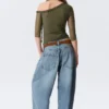 Asymmetric Off-Shoulder Three-Quarter Sleeve Top – Khaki Green