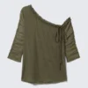 Asymmetric Off-Shoulder Three-Quarter Sleeve Top – Khaki Green