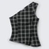 Asymmetric One-Shoulder Fitted Top – Checked Black