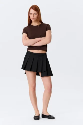 Asymmetric Pleated Wrap Mini Skirt – Black