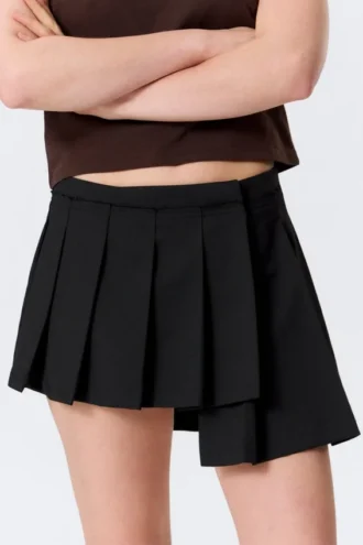 Asymmetric Pleated Wrap Mini Skirt – Black