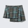 Asymmetric Pleated Wrap Mini Skirt – Dusty Dark Green Check